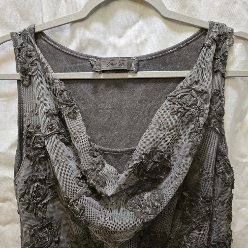Kosmika Gray Sleeveless Top Floral Applique Cowl Neck Italy Small Asymmetric Y2K - Picture 3 of 11